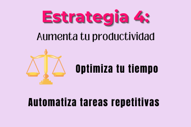 Esta es una imagen sobre la Estrategia 4: Aumenta tu productividad. Incluye recomendaciones como "Optimiza tu tiempo" y "Automatiza tareas repetitivas". La imagen contiene una balanza dorada.