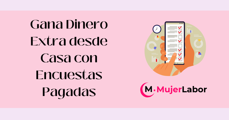 Mujer trabajando desde casa completando encuestas pagadas para ganar dinero extra.