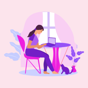 sobre-nosotros-mision Una mujer sentada frente a una mesa usando una computadora portátil, con un gato y algunas plantas a su lado, simbolizando el trabajo desde casa.