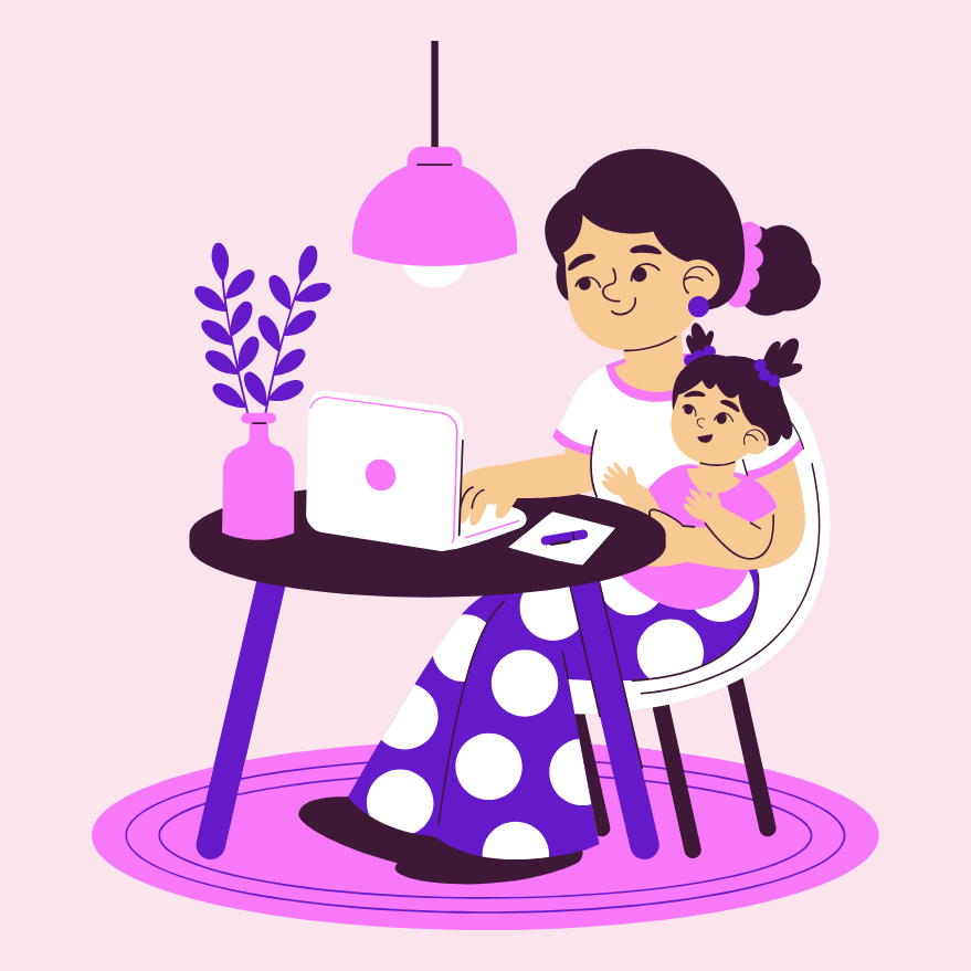 sobre-nosotros-vision Ilustración de una madre trabajando en una laptop mientras sostiene a su hijo en brazos.
