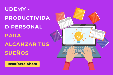 Ilustración de curso en línea de Udemy sobre productividad personal, mostrando un portátil y varios libros flotando, con texto promocional ‘Productividad Personal para Alcanzar tus Sueños’