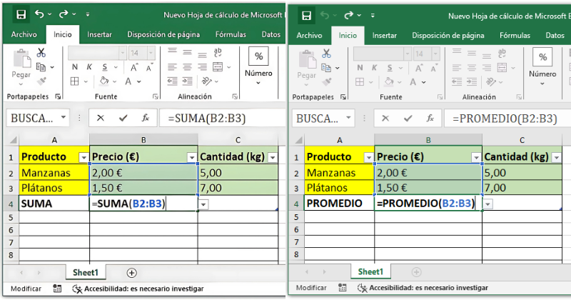 Captura de pantalla mostrando fórmulas de suma y promedio en Excel con ejemplos de productos y precios.