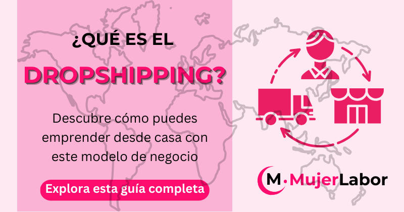 Infografía sobre qué es el dropshipping, con un mapa de fondo y elementos visuales que representan el proceso de entrega de productos desde el proveedor hasta el cliente.