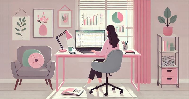 Mujer trabajando desde casa en un escritorio rosa, con una computadora portátil mostrando gráficos y tablas de Excel.