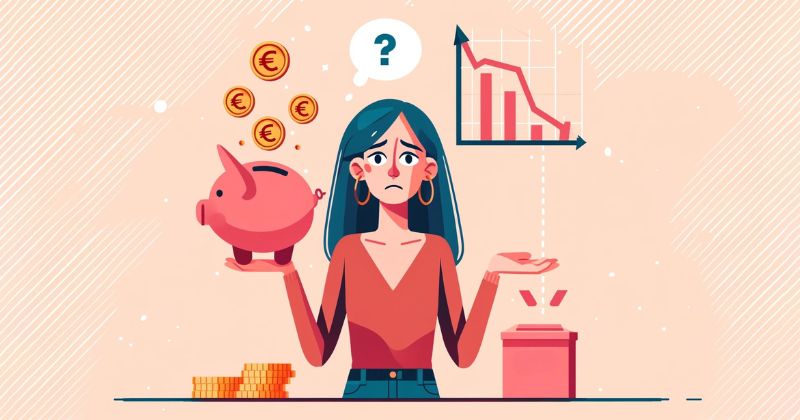 Mujer preocupada mirando su monedero vacío con un gráfico financiero en declive, un cerdito ahorrador y monedas de euro cayendo, representando errores comunes de ahorro.