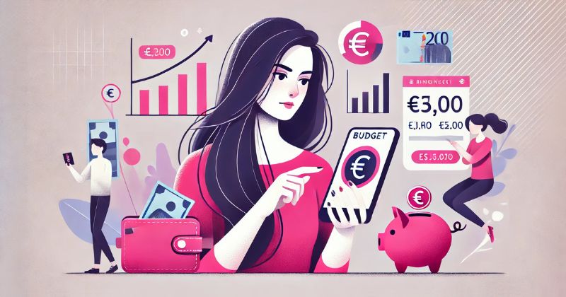 Ilustración de una mujer gestionando su presupuesto con una app móvil, gráficos de crecimiento y dinero en efectivo.