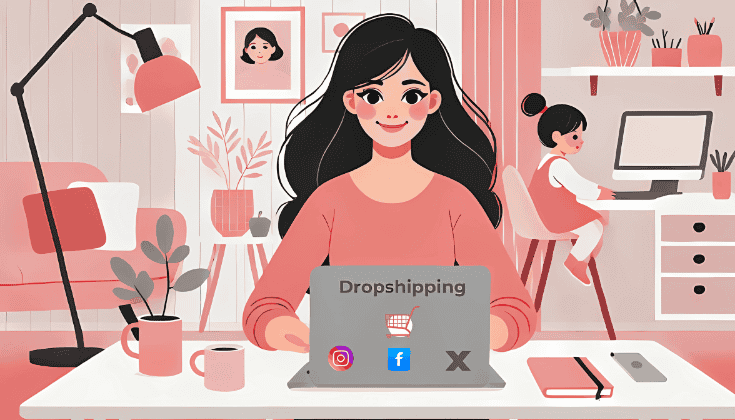 Mujer trabajando en casa en un negocio de dropshipping con su laptop, mientras su hija juega en el fondo. Elementos como Instagram, Facebook y símbolos de dropshipping están presentes.