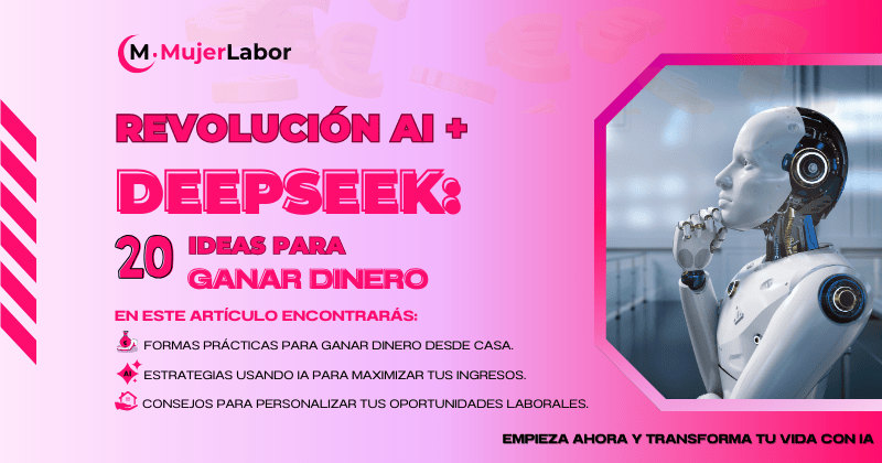 Imagen de un robot representando inteligencia artificial con texto destacando 'Revolución AI + DeepSeek: 20 ideas para ganar dinero en casa'.