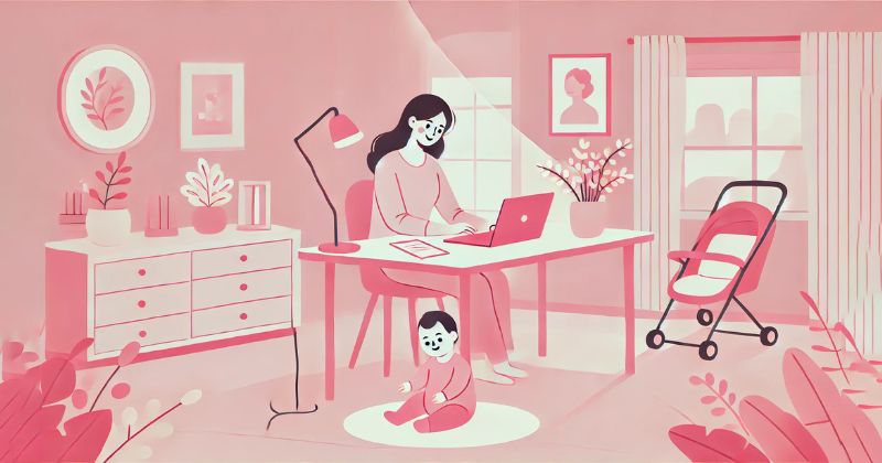 Madre trabajando desde casa con su bebé, representando el equilibrio entre trabajo remoto y maternidad.