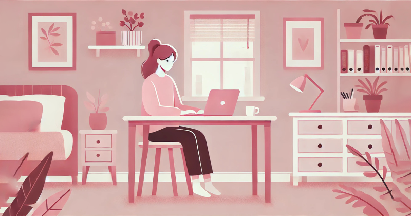 Mujer trabajando sola desde casa en un ambiente tranquilo pero solitario.