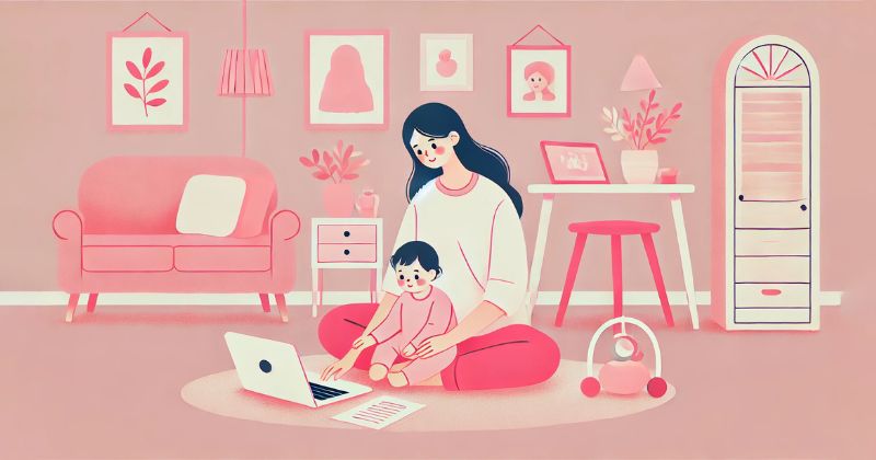 Mamá teletrabajando mientras cuida y acompaña a su bebé en casa.