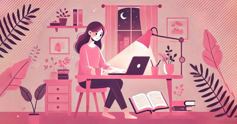 Mujer estudiando de noche desde casa para mejorar su carrera profesional.