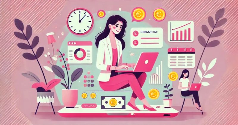 Ilustración minimalista de una mujer española trabajando desde casa en su laptop, rodeada de elementos de productividad como un reloj, gráficos financieros y plantas en un fondo rosa brillante.