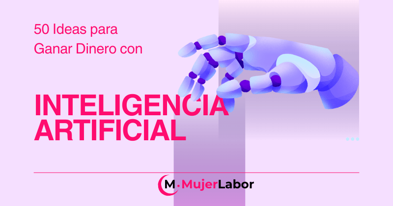 Mano robótica tocando el título “50 ideas para ganar dinero con inteligencia artificial” en fondo rosa