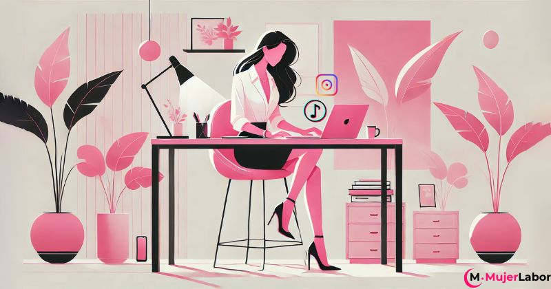 Mujer trabajando en un escritorio con su laptop, rodeada de plantas y decoraciones modernas, con iconos de Instagram y TikTok en el fondo.