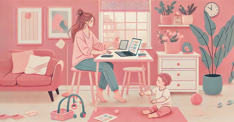 Mamá trabajando en un espacio compartido con su bebé, sin separación clara entre hogar y trabajo.