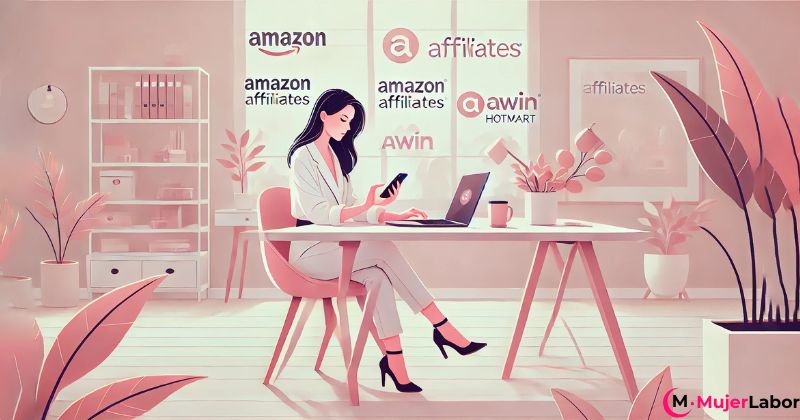 Mujer trabajando desde casa con marketing de afiliados en Amazon, Awin y Hotmart