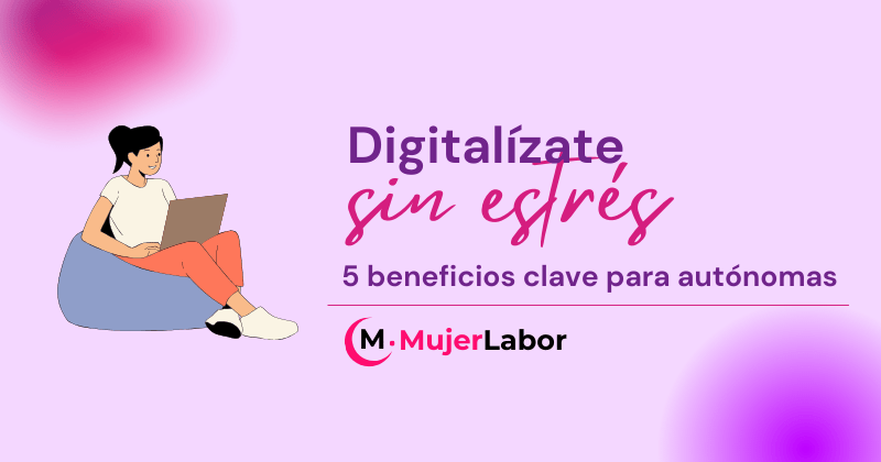 Mujer joven trabajando desde casa con portátil, sobre fondo rosa. Imagen ilustrativa para el artículo “Digitalízate sin estrés: 5 beneficios clave para autónomas”.