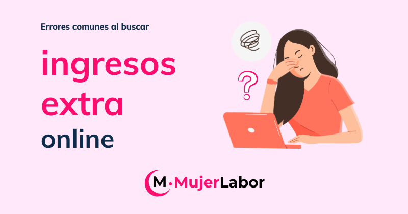 Mujer frustrada frente al ordenador mientras busca ingresos extra online, ilustración en estilo plano.