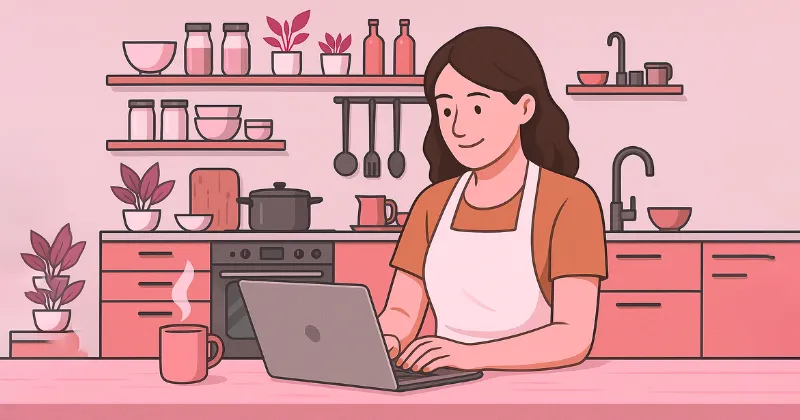 Mujer trabajando desde casa en su cocina con un portátil, estilo ilustración digital.