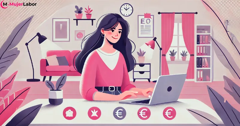 Una mujer trabajando desde casa con un ordenador portátil, rodeada de iconos que representan euros, productividad y ahorro.