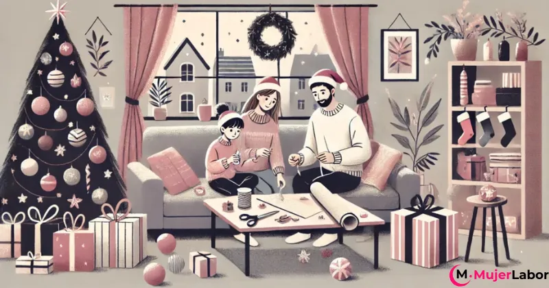 Familia unida envolviendo regalos y decorando la sala durante la Navidad, rodeados de un árbol decorado y un ambiente cálido.