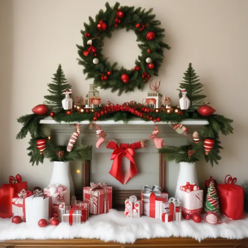 Decoración navideña elegante sobre una chimenea con guirnaldas, una corona, árboles pequeños, y muchos regalos envueltos en papel rojo y blanco
