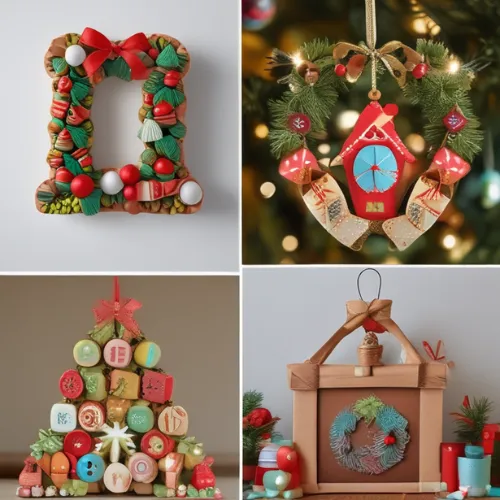 Varios objetos de decoración navideña hechos a mano, incluyendo una corona de piñas y adornos, un árbol de Navidad de botones y madera, y un colgante de ventana con motivos navideños.