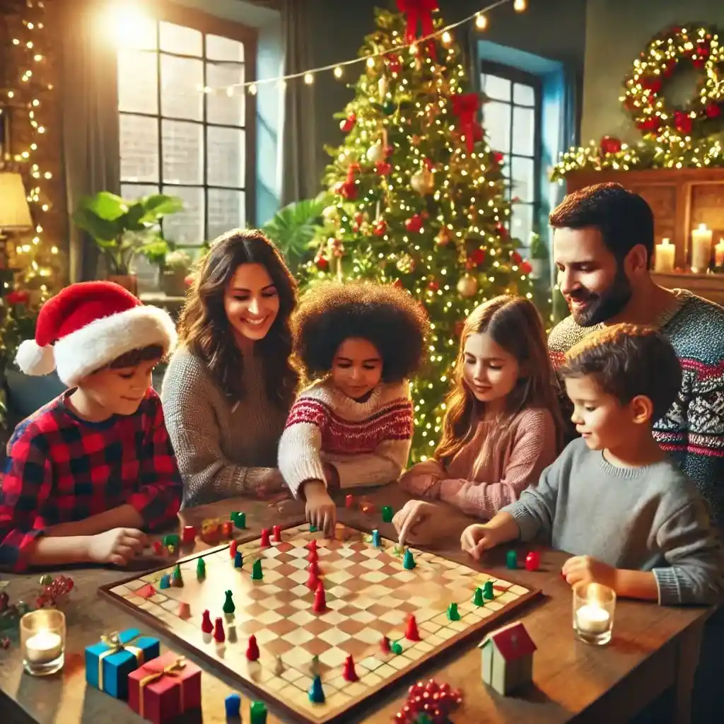 Una familia multicultural disfruta jugando ajedrez durante la Navidad en un ambiente cálido con un árbol de Navidad iluminado y decoraciones festivas al fondo.
