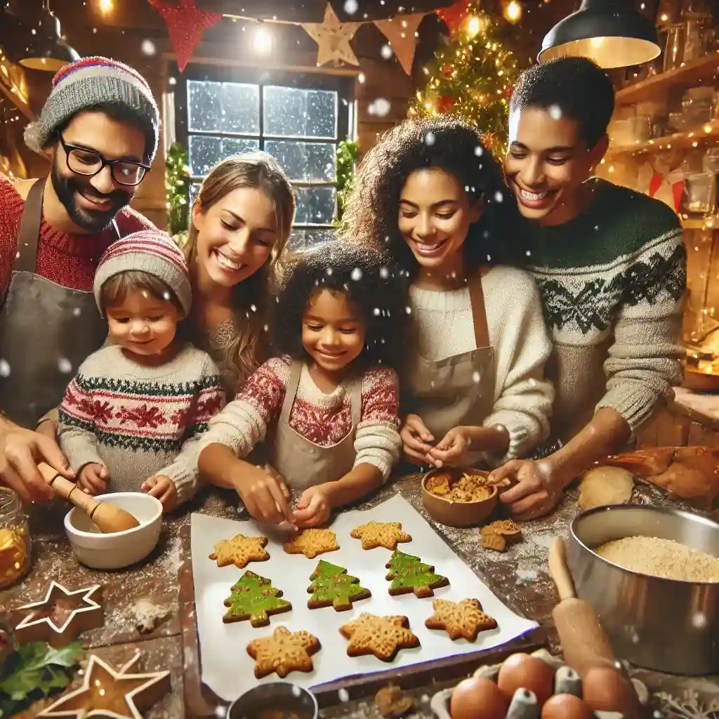 Familia multicultural cocinando juntos en la cocina, decorando galletas navideñas en forma de árbol y estrella sobre una bandeja, en un ambiente festivo con luces y decoraciones navideñas.