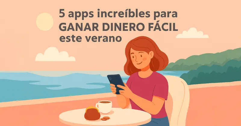 Ilustración de una mujer con móvil y café frente al mar, con el texto “5 apps increíbles para ganar dinero fácil este verano”