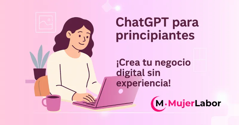 Mujer trabajando desde casa en su negocio digital con ChatGPT, ilustración en tonos rosados.