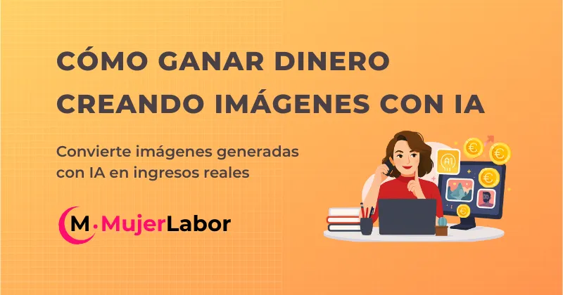 Ilustración de una mujer trabajando en un portátil con iconos de inteligencia artificial, monedas y gráficos, junto al texto "Cómo ganar dinero creando imágenes con IA".
