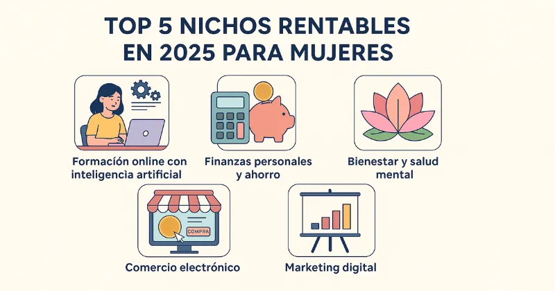 Infografía con los 5 nichos digitales más rentables en 2025 para mujeres: formación online con inteligencia artificial, finanzas personales y ahorro, bienestar y salud mental, comercio electrónico y marketing digital.