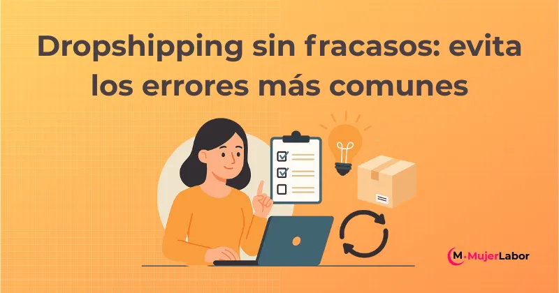 Ilustración de una mujer trabajando en su portátil con iconos de e-commerce. Portada del artículo “Dropshipping sin fracasos: evita los errores más comunes”