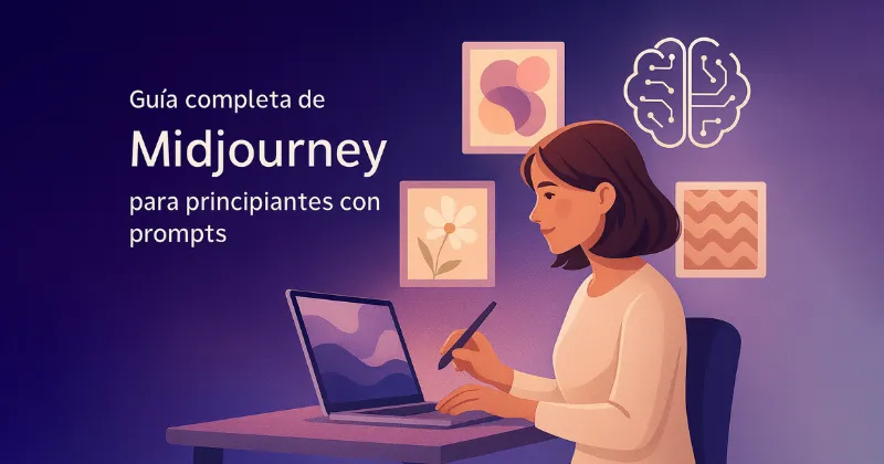 Ilustración de una mujer trabajando con un portátil, usada como portada para la guía completa de Midjourney para principiantes con prompts.
