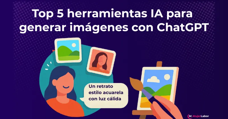 Ilustración flat sobre cómo usar ChatGPT para crear imágenes con IA, con ejemplo de retrato y pintura digital.