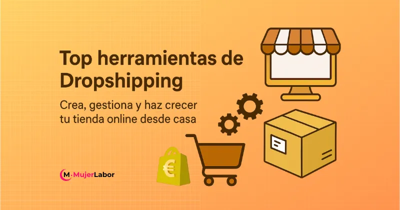 Ilustración con iconos de carrito, caja y bolsa de compras que representa las herramientas de dropshipping para crear, gestionar y hacer crecer una tienda online desde casa.