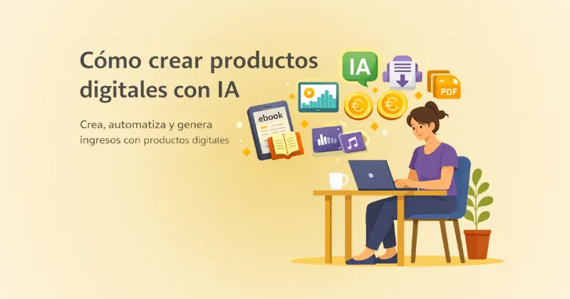 Ilustración de una mujer creando productos digitales con IA desde casa