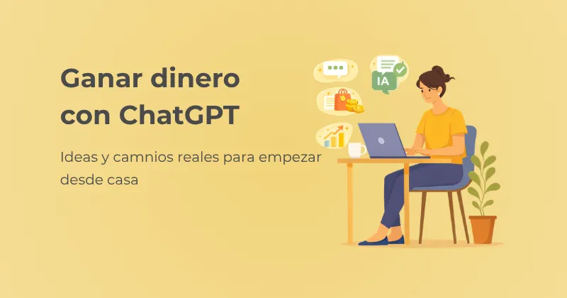 Mujer trabajando desde casa con portátil en una ilustración sobre ganar dinero con ChatGPT