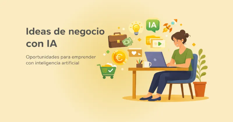 Ilustración de una mujer explorando ideas de negocio con IA desde casa