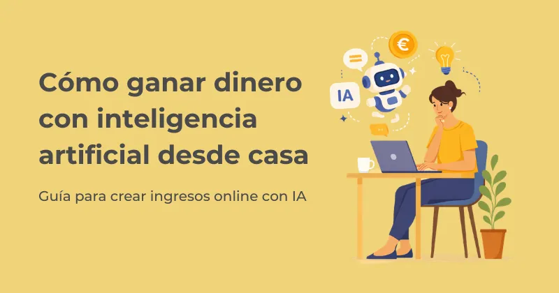 Ilustración de mujer trabajando con portátil y herramientas de IA para ganar dinero con inteligencia artificial desde casa