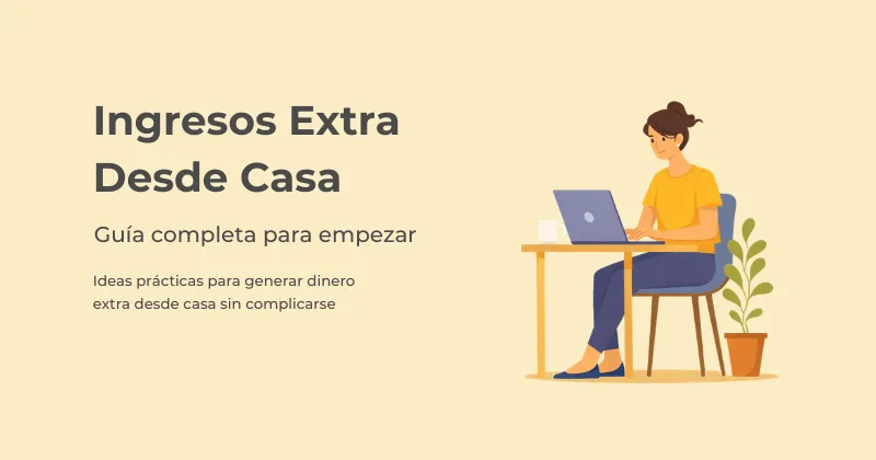 Portada sobre ingresos extra desde casa con ilustración de una mujer trabajando con portátil en un escritorio