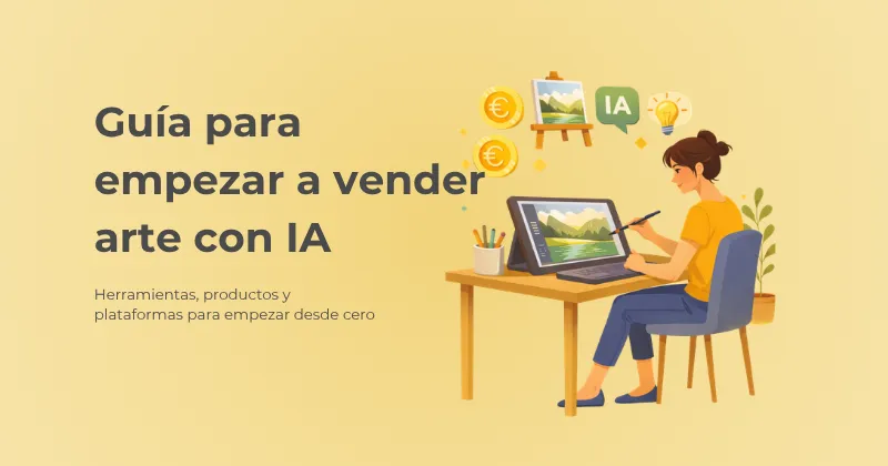 Guía para empezar a vender arte con IA desde cero, con ilustración de una mujer creando arte digital en una tableta.