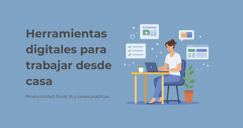 Ilustración de una mujer usando herramientas de IA en un escritorio, con iconos de chat, imagen y texto sobre fondo azul.