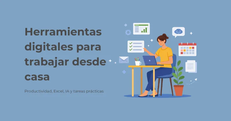 Ilustración de mujer trabajando con herramientas digitales desde casa, con ordenador, lista de tareas, calendario, Excel e IA.
