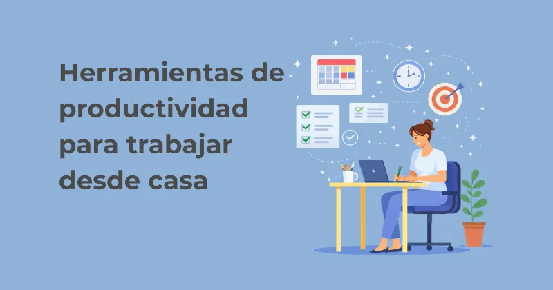 Ilustración de herramientas de productividad para trabajar desde casa, con una mujer usando el ordenador y elementos de organización.