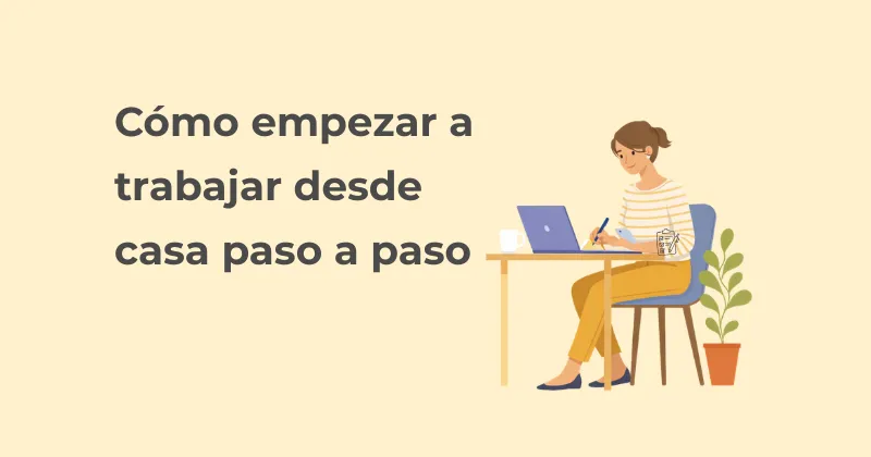 Ilustración de una mujer trabajando en un portátil para una guía sobre cómo empezar a trabajar desde casa paso a paso.