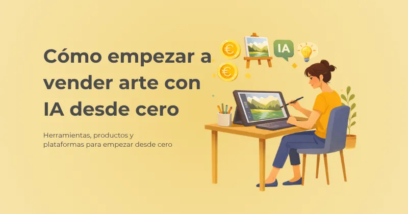 Ilustración de una mujer creando arte digital con una tableta gráfica, para una guía sobre cómo empezar a vender arte con IA desde cero