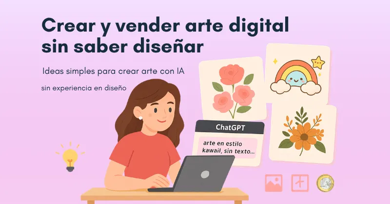 Ilustración de una mujer creando arte digital con ChatGPT e IA, con ejemplos de flores, arcoíris y diseños visuales.